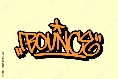 Graffiti tag “Bounce” in orange with black outline on yellow background. Bold street art style representing the lively bounce of a basketball in urban game settings.