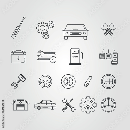 Set of car repair icons suitable for automotive websites, apps, or advertisements needing vehicle maintenancerelated graphics. Perfect for mechanics.