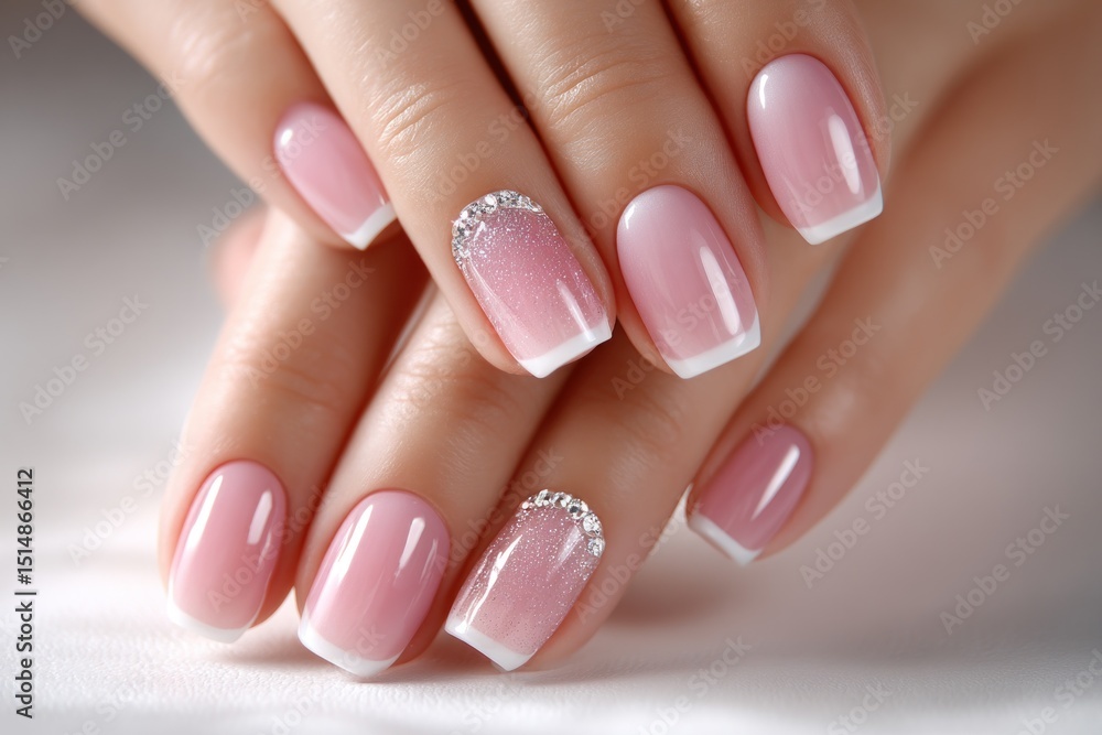 Fingers display a beautiful French manicure featuring a soft pink base and elegant sparkly accents in a serene and stylish atmosphere Fingers display a beautiful French manicure featuring a soft pink base and elegant sparkly accents in a serene and stylish atmosphere