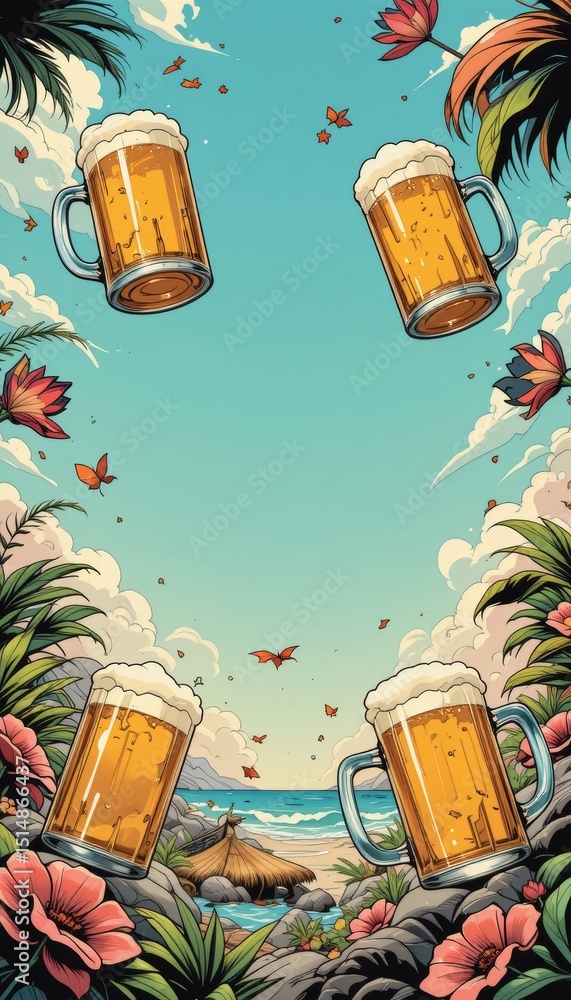 Fototapeta premium Summer Beach Beer Mugs with Tropical Flowers Frame