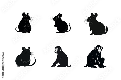 Silhouette set of rodents and chimpanzees