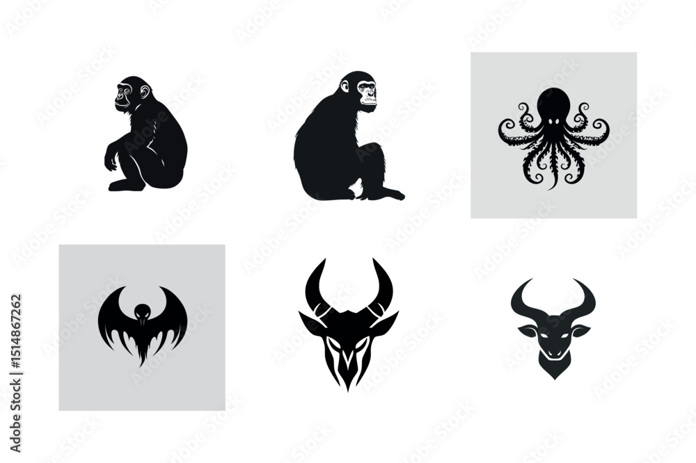 Fototapeta premium Collection of black and white animal silhouettes
