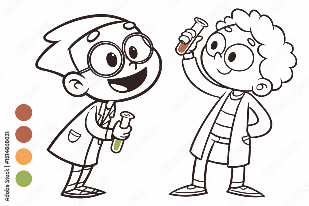 Fototapeta premium kids coloring page, scientist, cartoonish, friendly, thick outlines, no color