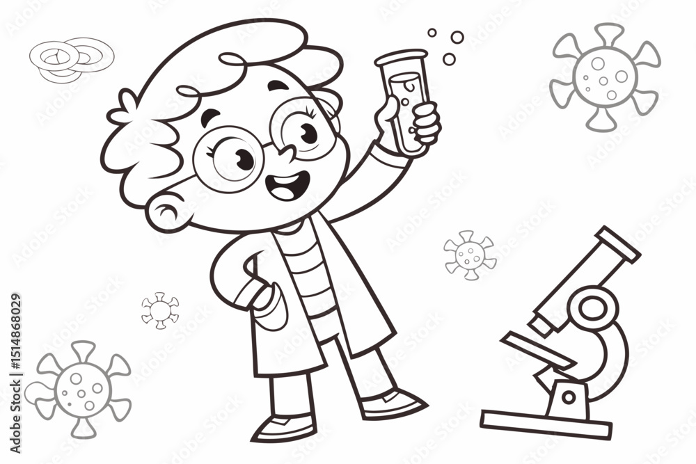kids coloring page, scientist, cartoonish, friendly, thick outlines, no color kids coloring page, scientist, cartoonish, friendly, thick outlines, no color