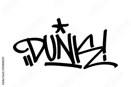 Graffiti tag “Dunk” in bold black lettering on transparent background. Urban street style, ideal for high-flying basketball moves and edgy sports design projects.