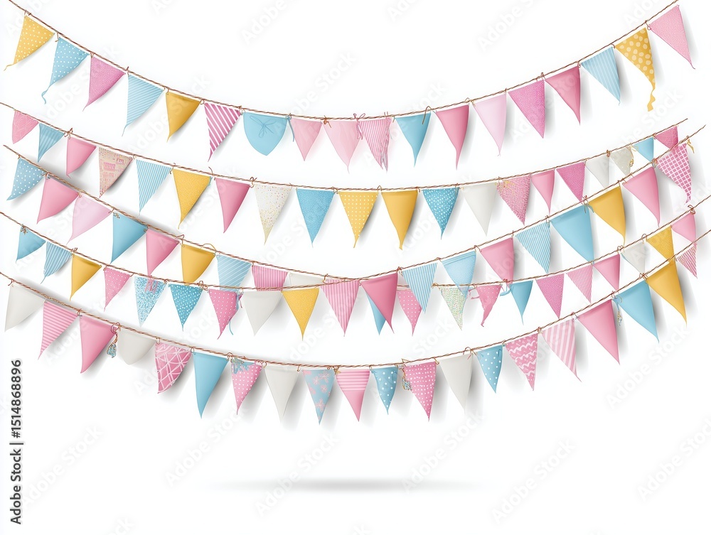 Obraz premium Colorful bunting flags and garlands, perfect for celebrations, parties, and festive occasions, displayed against a clean white background to enhance their vibrant design and charm
