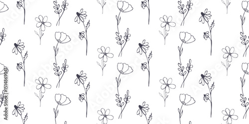 Seamless vector floral pattern of herbs, flowers and branches. Abstract botanical decorative print for decoration and printing on fabric and paper.