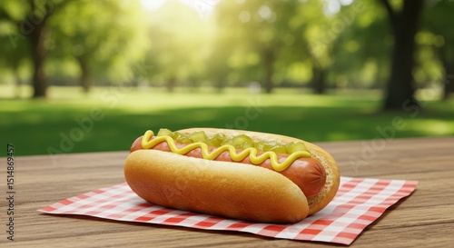 Delicious hotdog with mustard and relish on a picnic table in a sunny park setting surrounded by lush greenery and trees on a warm summer day