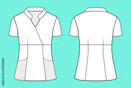 Ladies short sleeve Black and White Modern Scrub Tops technical drawing fashion flat sketch CAD mockup front and back views.