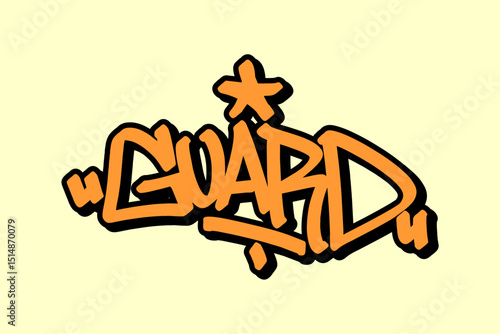 Graffiti tag “Guard” in vibrant orange with bold black outline on yellow background. Strong street energy, ideal for basketball themes, player roles, and bold urban sports art.