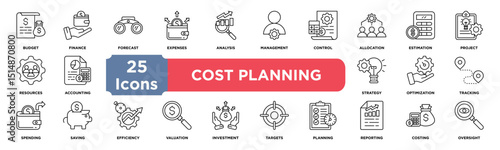 Cost Planning icon collection set. Containing budget,finance,forecast,expenses,analysis,management,control,allocation,estimation,project icon. Simple line vector.