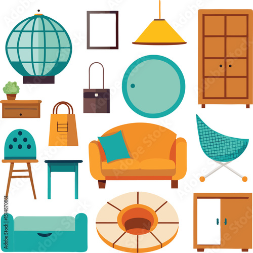 Furniture vector icons set. Set of home furniture, loft table, double bed, bedding mattress, bean bag chair, tv stand, hallway furniture, wardrobe closet,  rattan swing chair