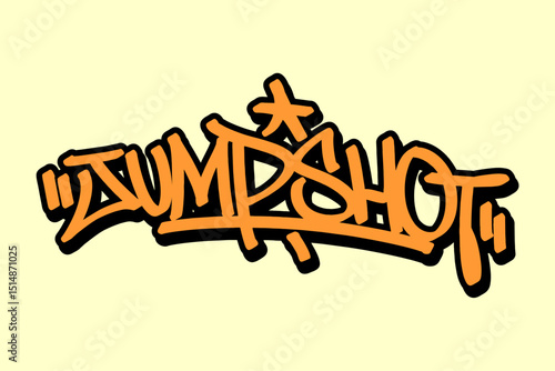 Graffiti tag “Jumpshot” in orange lettering with black outline on yellow background. Energetic urban vibe, perfect for basketball themes, street art projects, and hip hop inspired designs.