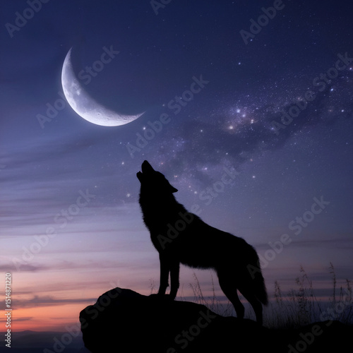 Silhouette of a Wolf Howling at a Crescent Moon Under a Starry Night Sky