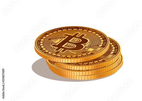 Stacked Bitcoin coins isolated on white background representing digital currency and decentralized finance concept with intricate design.
