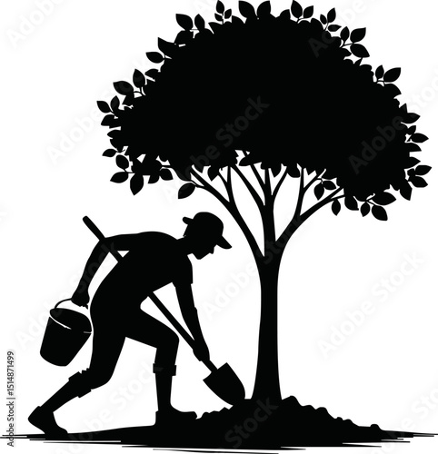 Silhouette of eco-friendly cartoon character planting a tree vector isolated on white background