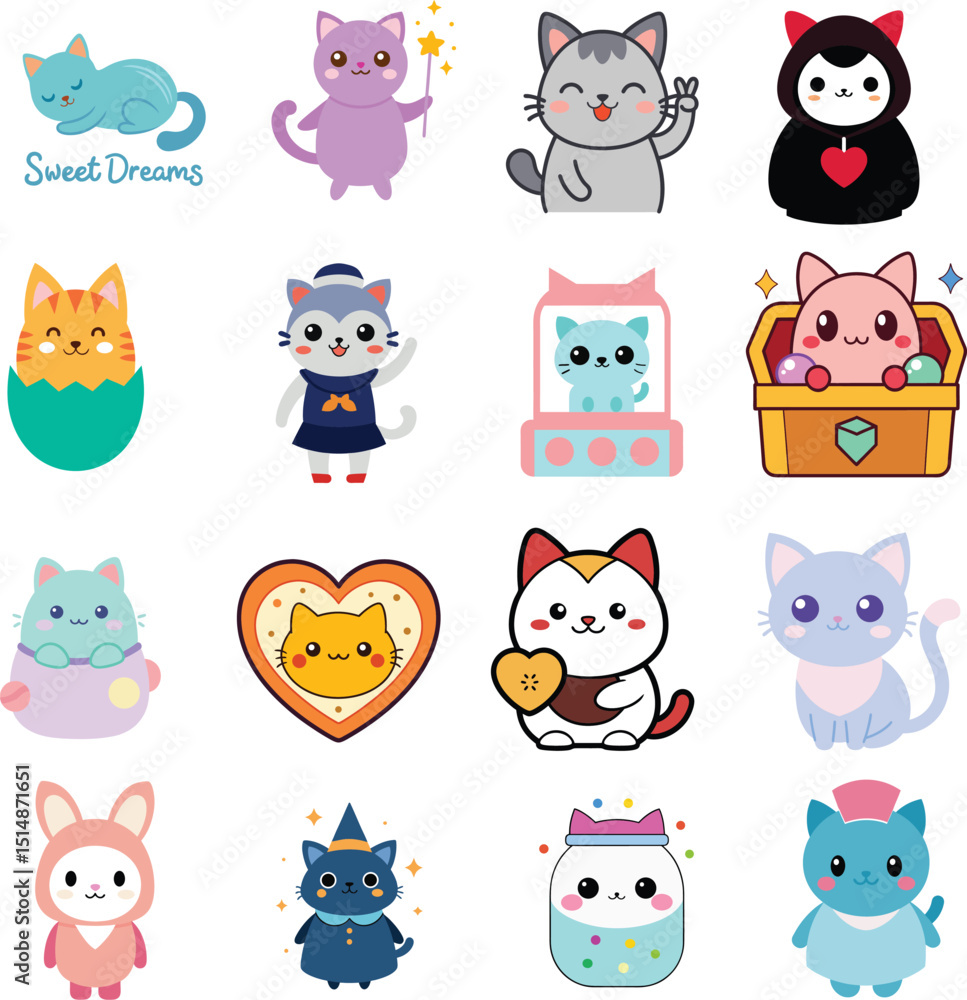 Obraz premium Magical and Cute Cartoon Cats Spreading Joy, Sweet Dreams, Love, Surprise, and Fantasy in Colorful Style.eps