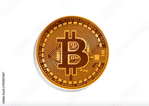 Close up view of a Bitcoin coin featuring intricate designs and digital currency attributes on a clean background.