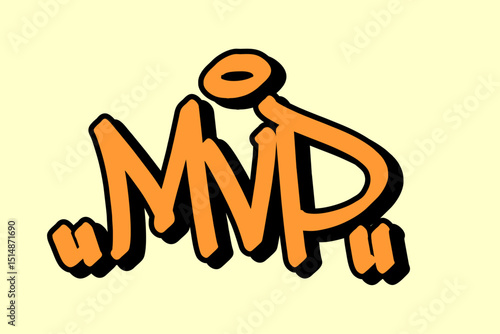Graffiti tag “MVP” in orange lettering with black outline on yellow background. Energetic urban vibe, perfect for basketball themes, street art projects, and hip hop inspired designs.