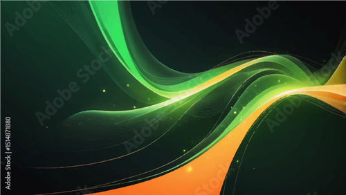 Abstract background Flowing green, orange wave design with light motion and digital energy lines creates shape
