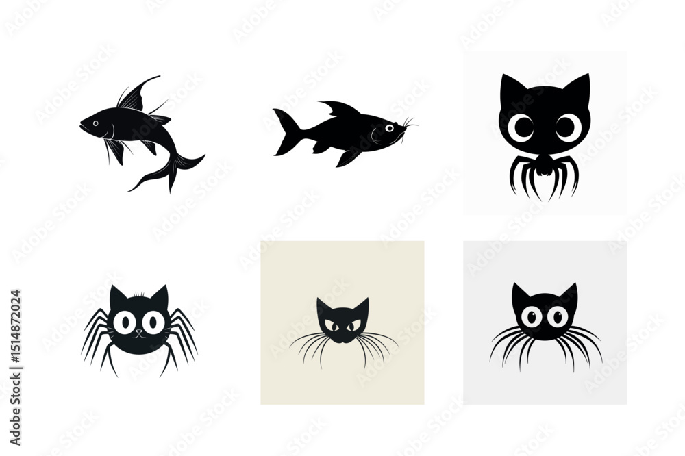 Obraz premium Silhouette set of cats spiders and fish