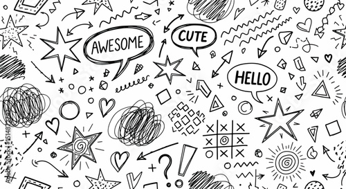 Seamless vector pattern of quirky punk doodles, featuring childlike crayon scribbles, scrawls, and funky abstract shapes. Playful and creative background for textiles, stationery, or digital design.