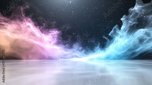 Abstract Space Background with Reflecting Surface space abstract background surface cosmos universe nebula stars starry sky texture gradient pink purple blue orange smoke light glowing ethereal sci-fi