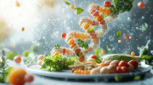 Vibrant personalized nutrition science meal plans showcase fresh vegetables and legumes floating in artistic culinary presentation