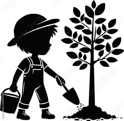 Silhouette of eco-friendly cartoon character planting a tree vector isolated on white background