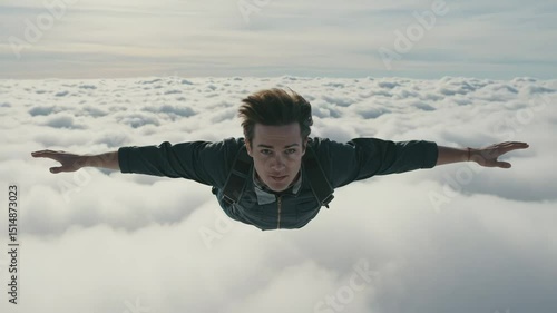 Young man flying through clouds with arms outstretched in daylight  