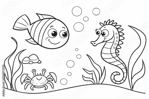 kids coloring page, sea creatures, cartoonish, friendly, thick outlines, no color