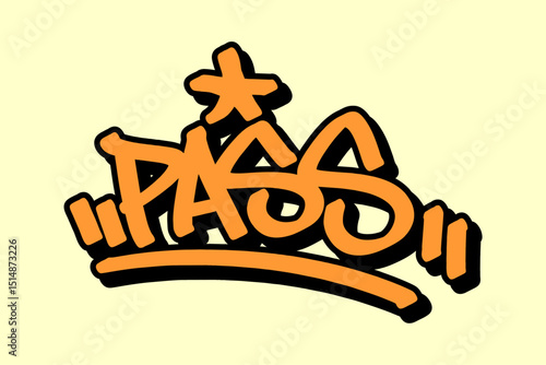 Graffiti tag “Pass” in orange lettering with black outline on yellow background. Reflects the fast-paced basketball passing action, ideal for bold urban street art and hip hop designs.