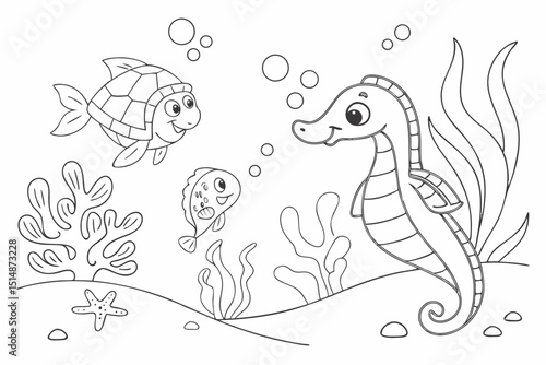 kids coloring page, sea creatures, cartoonish, friendly, thick outlines, no color