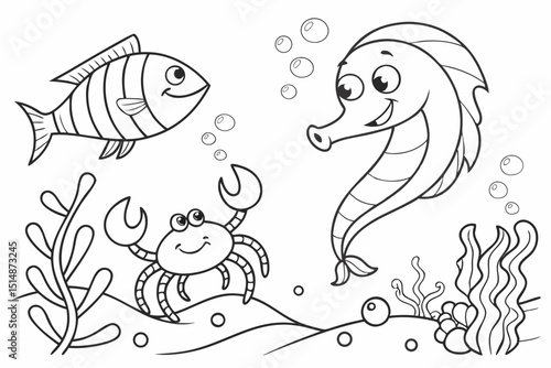 kids coloring page, sea creatures, cartoonish, friendly, thick outlines, no color