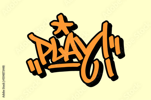 Graffiti tag “Play” in orange lettering with black outline on yellow background. Captures the excitement of basketball play, perfect for bold urban street art and hip hop designs.