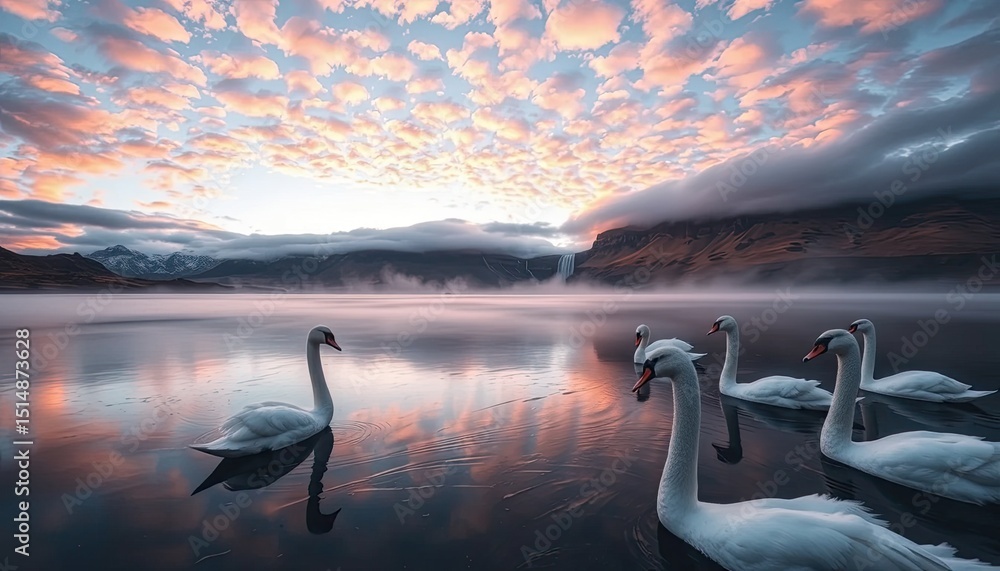 Naklejka premium Serene Swans at Dawn: Majestic Waterbirds on a Misty Lake with Mountain Backdrop