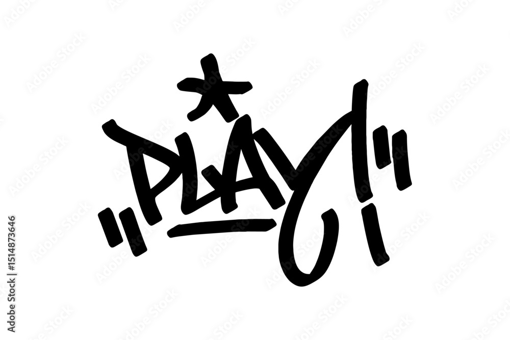 Obraz premium Graffiti tag “Play” in bold black lettering on transparent background. Energetic street art capturing basketball’s dynamic spirit, perfect for urban and sports-themed designs.