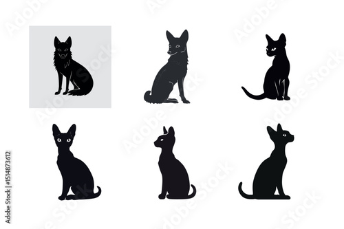 Six black silhouettes of cats and dogs sitting