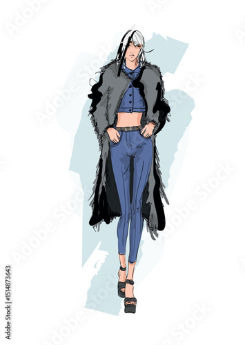 Beautiful young girl in stylish clothes. Fashion woman look. Sale concept. Hand-drawn fashion illustration. Cute girl in fashion clothes.