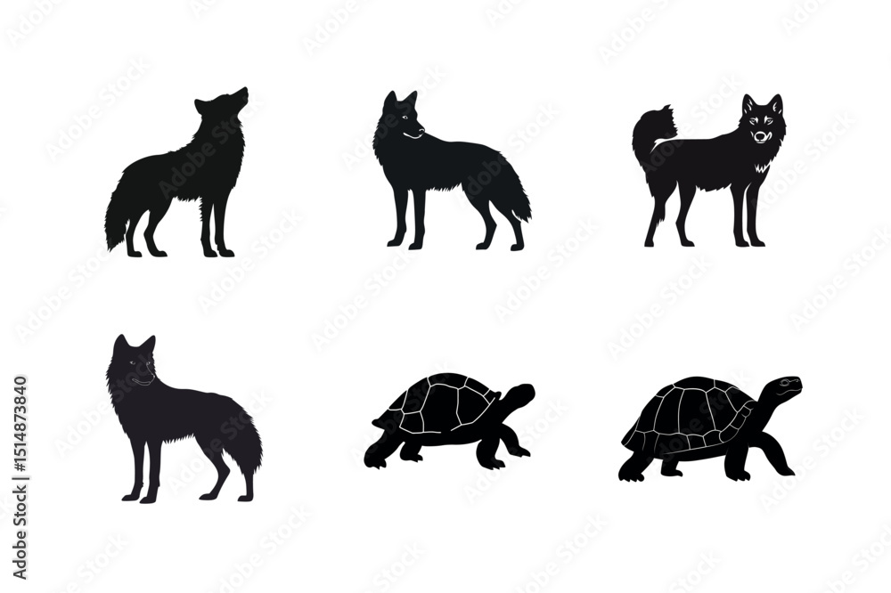 Obraz premium Wolf and tortoise silhouettes set wildlife animals