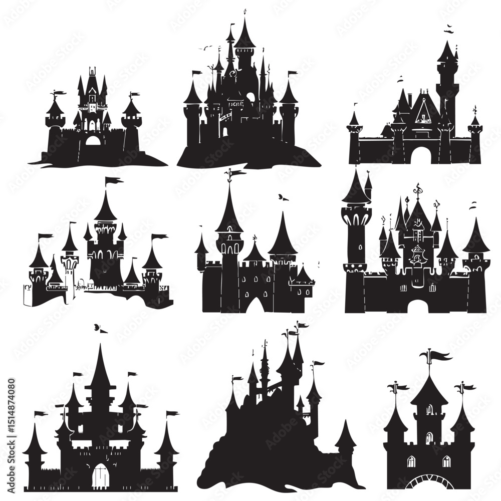 Fototapeta premium Princess Castle Vector Set , black silhouettes isolated on white background