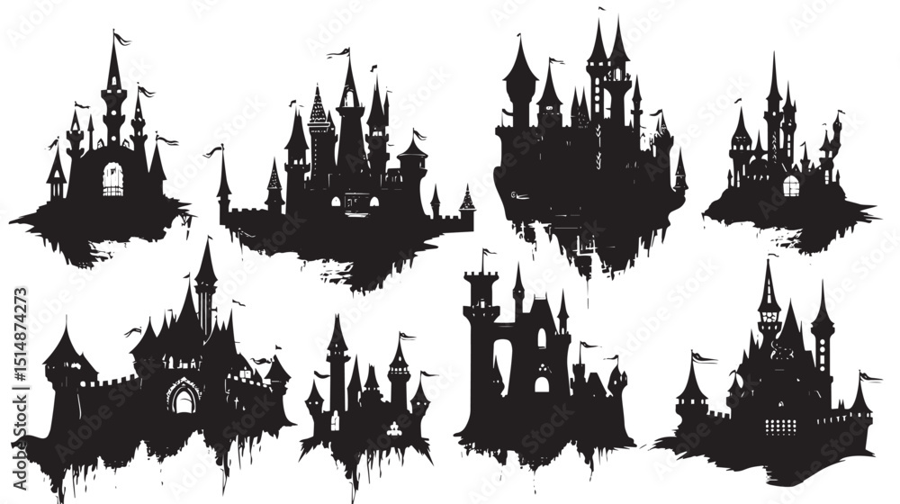 Fototapeta premium Princess Castle Vector Set , black silhouettes isolated on white background