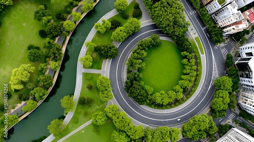 Fototapeta Naklejka Na Ścianę i Meble -  Aerial view of a spiraling road through a lush green city park