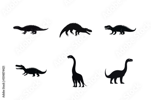 Six black silhouettes of prehistoric dinosaurs
