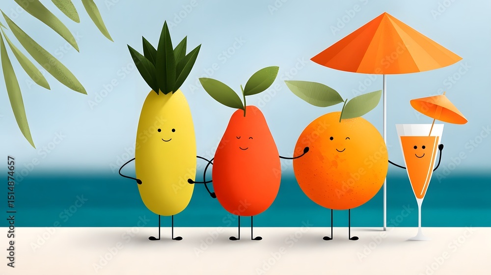 Fototapeta premium Cheerful fruit characters enjoying cocktails on the beach