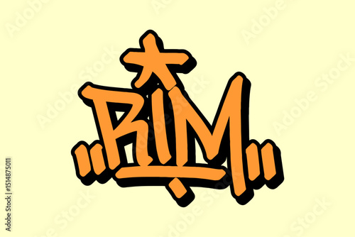 Graffiti tag “Rim” in orange lettering with black outline on yellow background. Highlights the basketball rim, ideal for vibrant urban and hip hop street art projects.