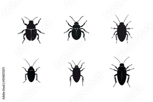 Six black silhouettes of cockroaches and beetles