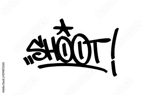 Graffiti tag “Shoot” in bold black lettering on transparent background. Captures the energy of taking a shot in basketball, ideal for urban street art and dynamic sports designs.