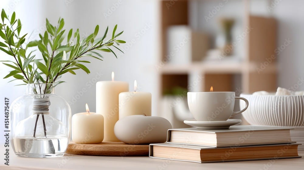 Peaceful home decor with books, candles, and natural elements Peaceful home decor with books, candles, and natural elements