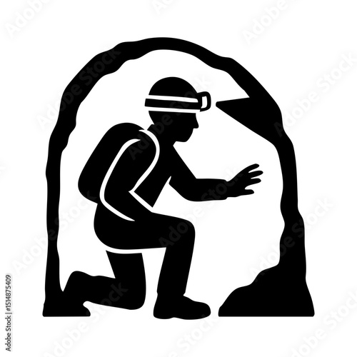 Cave exploration icon with headlamp and backpack
